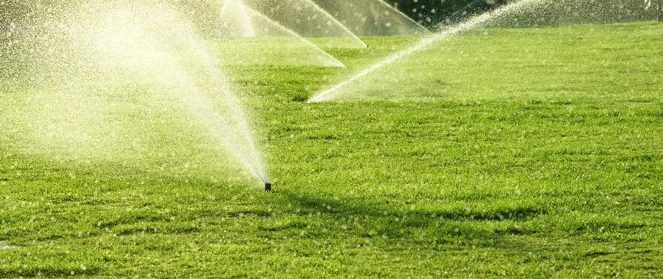 Multiple sprinkler heads on a lawn in Cary, NC.