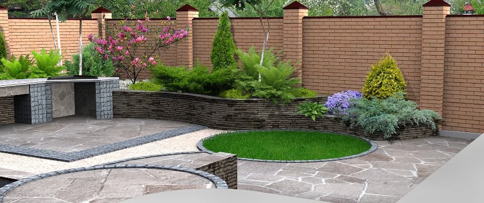 Design rendering of a landscape bed and outdoor living features.