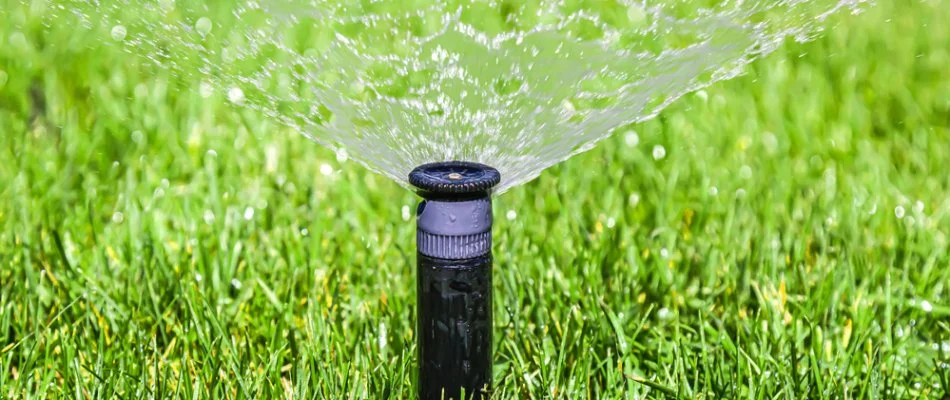 Sprinkler system shooting water on a property in Durham County, NC.