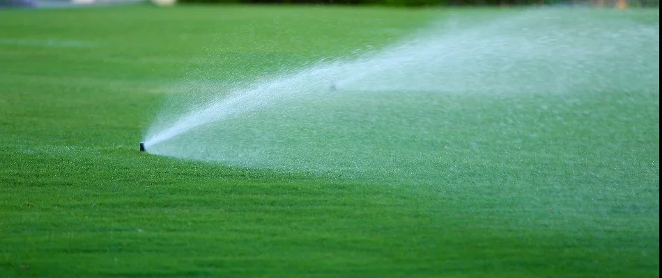 Sprinkler irrigation system spraying water on a lawn. 