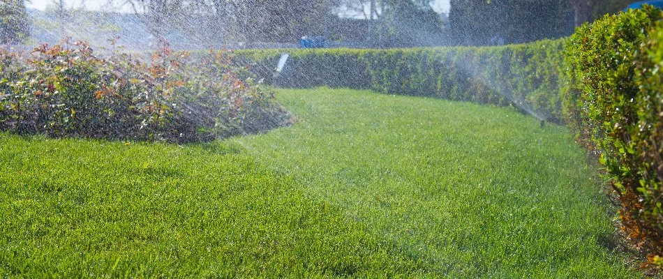 Irrigation system watering a lawn and landscape in Hillsborough, NC.