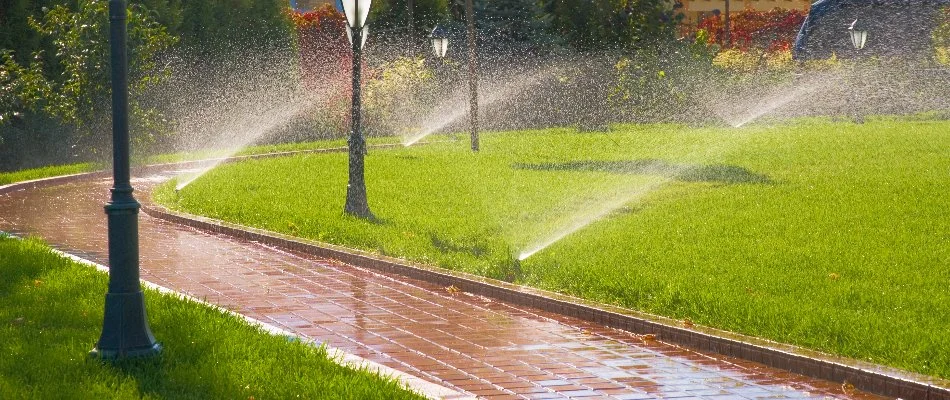 A sprinkler irrigation system on a lawn in Cary, NC, with lamp posts.