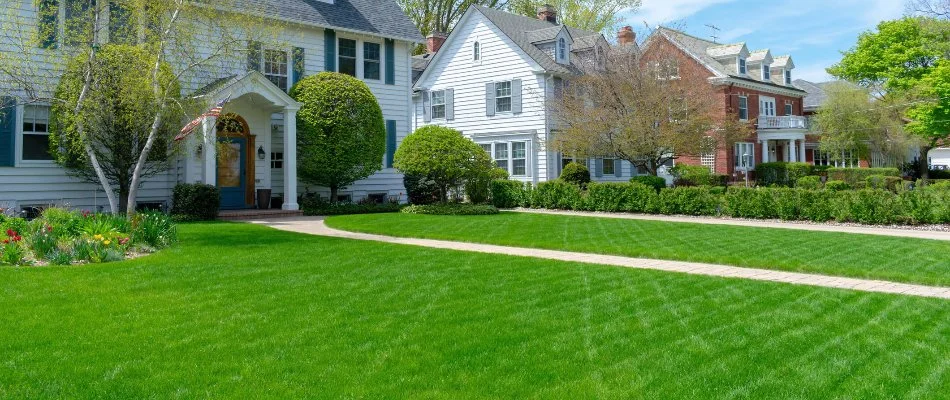 Mowed lawn in front of a white house on a property in Cary, NC.