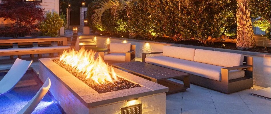 Patio area at night with fire pit in Carrboro, NC.