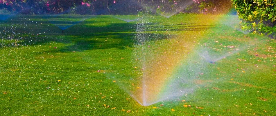 Rainbow over a lawn in Raleigh, NC, being watered by sprinkler heads.