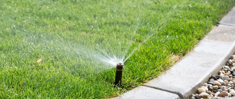 A sprinkler head watering a lawn next to a curb in Morrisville, NC.