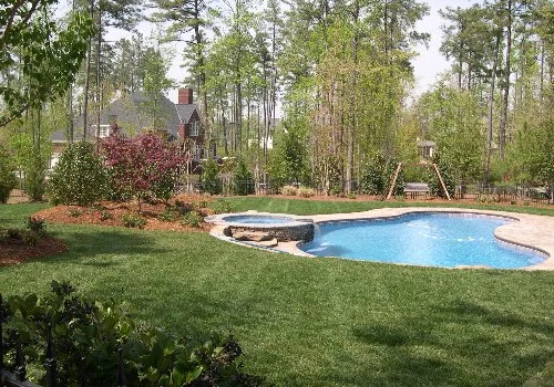 Freeform pool with nearby landscaping.