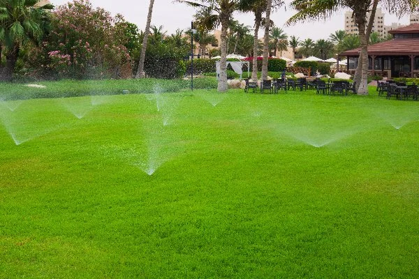 Irrigation system spraying water on large lawn.